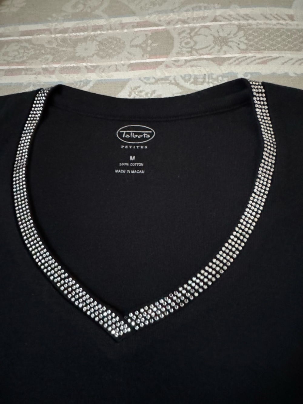 Talbots Black V-Neck Top with Silver Rhinestone Trim